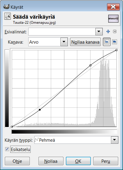 Sävysäädöt 1. Sävyalueen asettaminen Valitse Värit, Säätöarvot. Siirrä vasemmanpuoleinen säätökolmio sävyalueen alkamiskohtaan. Siirrä oikeanpuoleinen kolmio sävyalueen loppumiskohtaan.