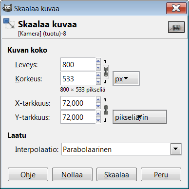 Kuvakoon pienentäminen Käyttökohteesta riippuen kuvan pikselimäärää on ehkä pienennettävä. Tyypillisesti tämä interpolointi on tehtävä nettisivuilla käytettäville kuville. 1.