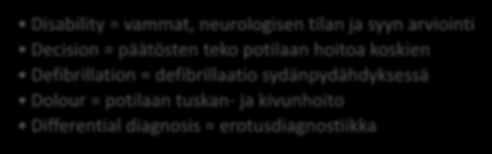 D Disability = vammat, neurologisen tilan ja syyn arviointi Decision = päätösten teko potilaan hoitoa koskien Defibrillation = defibrillaatio sydänpydähdyksessä Dolour =