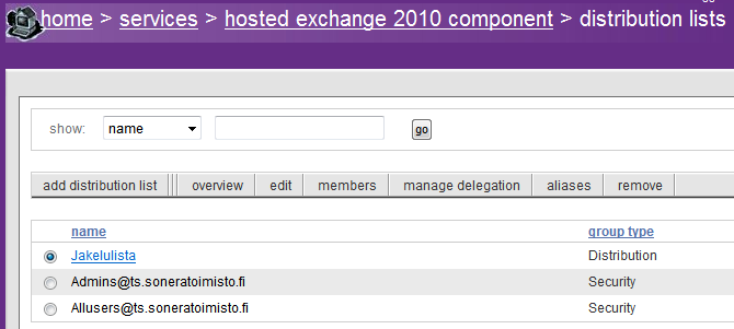 Listalle voidaan lisätä käyttäjiä Distribution Lists -näytössä valitsemalla aktiiviseksi haluttu lista ja painamalla työkalupalkissa painiketta Members.