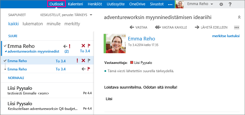 Outlook verkossa Voit käyttää sähköpostia, kalenteria ja yhteystietoja Outlook Web Appilla.