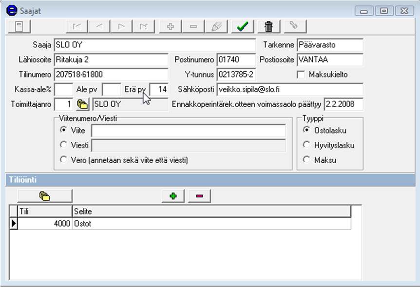 1.61 Saajarekisteri Tässä alaikkunassa määritellään Ostolaskujen saajat. Ikkunaan talletetaan kaikki ne tahot, joille yritys maksaa ostolaskuja ja maksuja.
