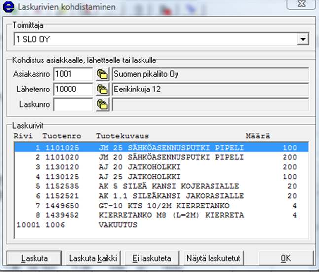 9.51 Lähetteen kohdistus ostolaskuriveille Kun lähetenumeron perässä olevaa kansio-painiketta on painettu, on ohjelma avannut lähetehakuikkunan, josta valitaan haluttu lähete ja painetaan