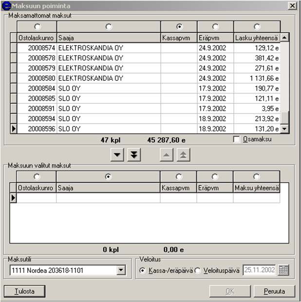 11 Maksuun poiminta pankkiohjelmalle Maskuunpoimintaohjelmalla valitaan ne ostolaskut ja maksut, jotka halutaan viedä pankkiin maksettavaksi.