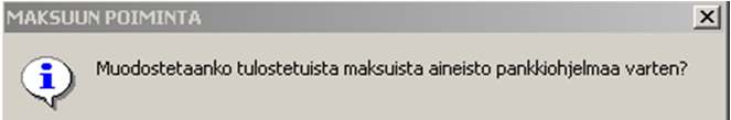 11.3 Maksuun poiminta ja aineiston tulostus Se tili, jolta maksuun valitut laskut maksetaan, näkyy alhaalla maksutili-ikkunasta.