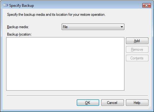 2. Valitse avautuvasta ikkunasta From device ja paina From device-kohdan oikeasta reunasta löytyvää, kuvassa näkyvää,...- painiketta. 3. Valitse Specify Backup -valintaikkunassa Add. 4.