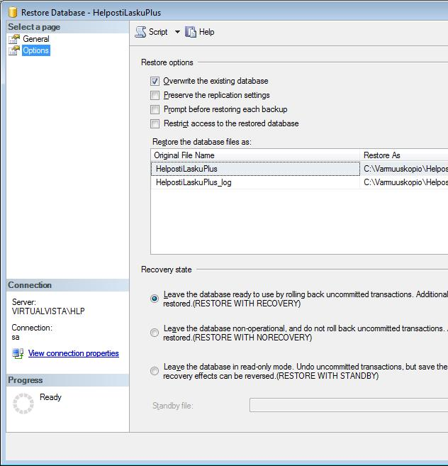 6. Valitse Select a page-kohdasta Options ja laita rasti Overwrite-valintaruutuun, jotta aiempi tietokanta korvautuu. Käynnistä palautus valitsemalla Restore Database -valintaikkunassa OK.