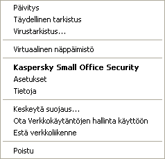 S O V E L L U K S E N K Ä Y T T Ö L I I T T Y M Ä Poistu sulkee Kaspersky Small Office Securityn. Kun tämä vaihtoehto valitaan, sovellus tyhjennetään tietokoneen RAM-muistista. Kuva 1.