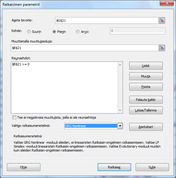 Ratkaisin (Solver) Taulukkolaskenta /Tarja Heikkilä Optimointitehtävien ratkaiseminen Excelillä Excelin apuohjelma Ratkaisija (Solver) käynnistyy Tiedot-välilehden Analyysi-ryhmän