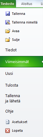 Tiedosto-välilehti sijaitsee Excelin ikkunan vasemmassa reunassa, ja se avaa alla näkyvän valikon.