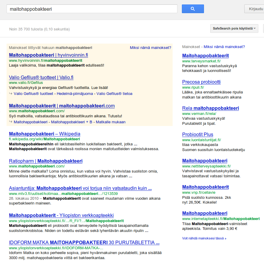 Hakukonemarkkinointi Mainokset hakutulosten yläpuolella ja