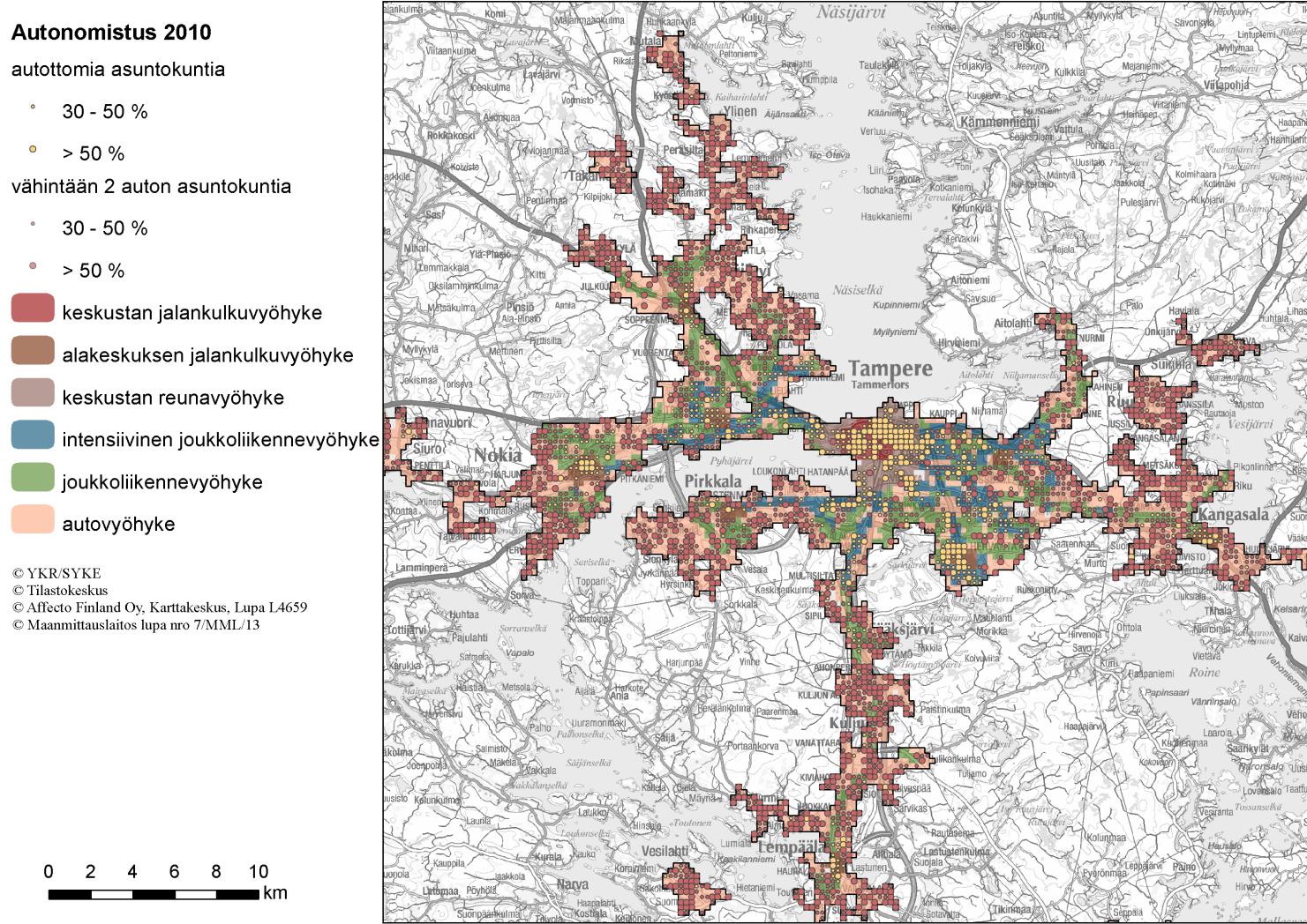 Keskustan osayleiskaava 2030 3 (28) Autonomistus Tampereen seudulla vuonna 2010. Eriytyminen on erittäin selvää keskustan ja muiden alueiden välillä.