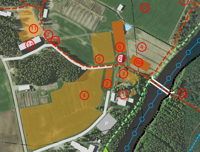 18 Hevoskylää koskevat merkinnät ja muut reitistöt suunnittelualueen itäosalla. Toimintoja koskeva numerointi on esitetty oheisilla kartoilla punaisin ympyröin ja hevosreitit punaisella katkoviivalla.