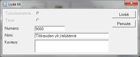 Miten määrittelen tuloslaskelmaan tilikauden yli-/alijäämän laskennan? Klikkaa tuloslaskelman alin pääryhmä, Tilikauden yli-/alijäämä, valituksi.