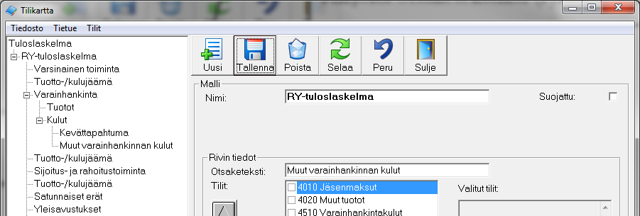 Miten jaottelen varainhankinnan tuotot ja kulut alaryhmiin? Klikkaa tuloslaskelman pääryhmistä Varainhankinta. Lisää uusi ryhmä klikkaamalla yläreunan työkaluriviltä Uusi-painiketta.