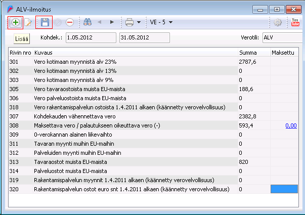 Verot 102 alusta. Ilmoitukset tallennetaan napsauttamalla ikkunan ylärivin painiketta Tallenna. Tällöin arvonlisäveroilmoituksen riveillä ilmoitettavat summat päivittyvät.