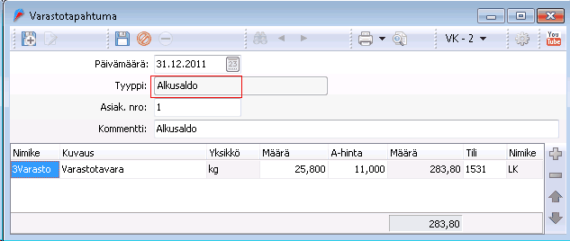 Varasto 118 Alkusaldo lisätään napsauttamalla Lisää-painiketta Varastotapahtumien ikkunassa.