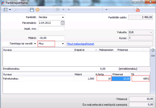 139 Tili - etsi oikea kulutili (esim. Pankkikulut 6831) Samalla tavoin kirjataan myös korkojen ja lainan maksu sekä kassasta tai kassaan maksu. Tallenna.