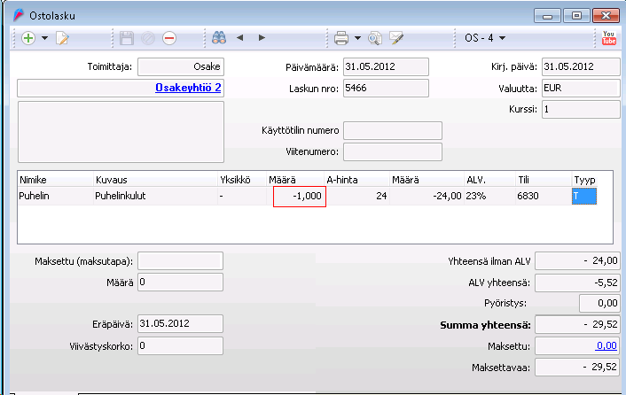 Osto 68 Negatiivista määrää voidaan käyttää nimikkeillä, joiden tyyppi on Palvelu tai Tavara.