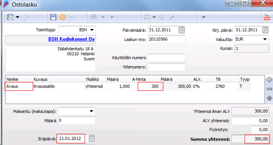 Osto 70 Valitse sopiva toimittaja ja ostolaskun päiväys (päivä, jolloin lasku on lähetetty) ja asiakirjan numero. Nimikerivillä valitaan nimike Avaussaldo.