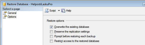 6. Valitse Select a page-kohdasta Options ja laita rasti Overwrite-valintaruutuun, jotta aiempi tietokanta korvautuu. Käynnistä palautus valitsemalla Restore Database -valintaikkunassa OK.