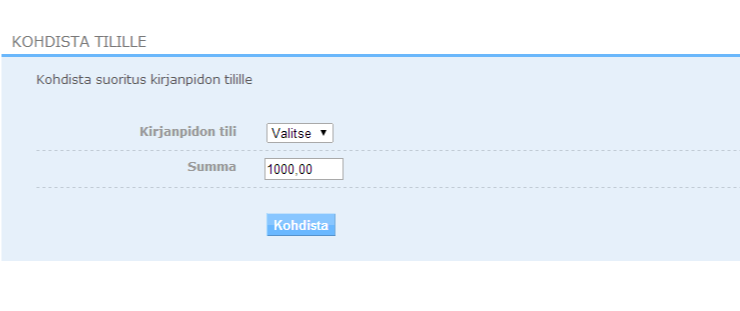 kohdistaa, ei löydy. Suoritusta ei voida kohdistaa ja joudutaan palauttamaan (kst. suorituksen palautus). Hae lasku-> Jos haetaan laskun numerolla tai viitenumerolla tulee vain yksi avoin lasku.