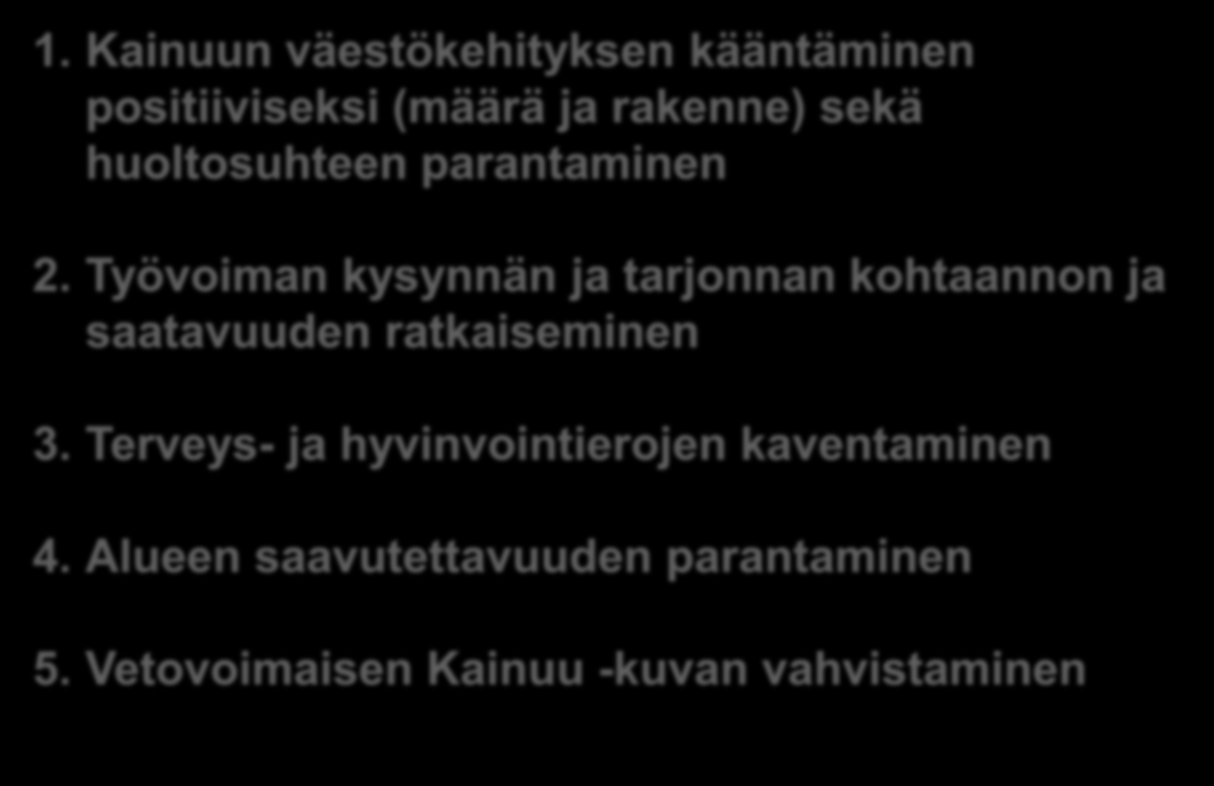 MIKSI? Maakuntasuunnitelma 2035 1. Kainuun väestökehityksen kääntäminen positiiviseksi (määrä ja rakenne) sekä huoltosuhteen parantaminen 2.