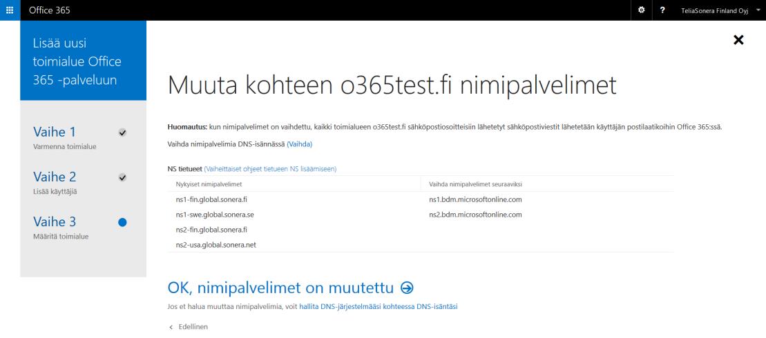 Näyttöön ilmestyy kaikki Office 365 -palvelun vaatimat nimipalvelumääritykset. Ota tietueet talteen ja ilmoita ne verkkotunnuksesi ylläpitäjälle lisäys/muutostoimenpiteitä varten.