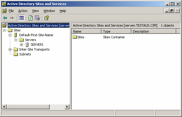 20 Kuva 3.2 Active Directory Sites and Services -hallintakonsolin näkymä. 3.3.4 Forest (metsä) Metsää kutsutaan myös juuritoimialueeksi ja sillä tulee olla DNS-nimi, kuten microsoft.com.
