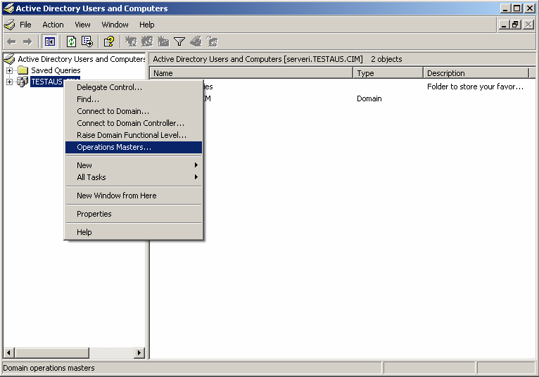 26 Kuva 3.6 Roolien siirto Active Directory Users and Computers -työkalulla. 3.6.1 Schema Master Active Directory -metsässä voi olla ainoastaan yksi schema master -roolin omaava ohjauspalvelin, jonka