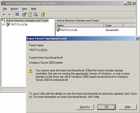 36 Tämän muutoksen seurauksena toimialuemetsän toimintatilana on Windows Server 2003 interim, joka tämän jälkeen nähdään myös Active Directory Domains and Trusts -työkalulla katsottaessa, kuvan 3.