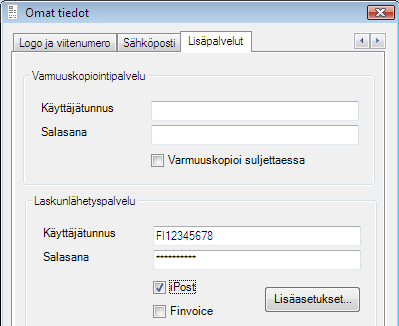 Ottaaksesi ipost laskunlähetyspalvelun käyttöön valitse HelpostiLaskun ohjelmavalikosta Toiminnot / Omat tiedot ja siirry Lisäpalvelut-välilehdelle.