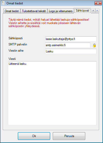 1. KÄYTTÖÖNOTTO Käyttäjäyritys luodaan, kun ohjelmisto käynnistetään ensimmäistä kertaa. Täytä lomakkeelle yrityksen tiedot. 1.1. Omien tietojen muuttaminen ja lisenssin syöttäminen Voit täydentää ja muuttaa yrityksen tietoja valitsemalla HelpostiLaskun ohjelmavalikosta Toiminnot / Omat tiedot.