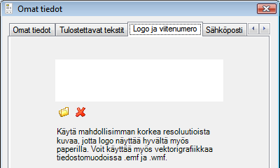 1.4. Yrityksen logo Laskuihin voidaan lisätä yrityksen logo. Aloita valitsemalla ohjelmavalikosta Toiminnot / Omat tiedot ja avaa Logo ja viitenumero-välilehti.