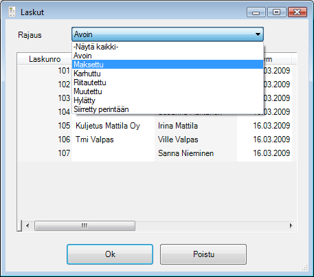 Laskujen rajaus Valitse lasku Kuva 8. Laskun avaaminen. Kun lasku on avattu, siihen voidaan tehdä tarvittavat muutokset.