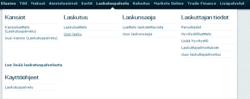 4.3 Suoramaksun tekeminen Suoramaksun tekeminen ja lähetys tehdään Business Onlinen Laskutuspalvelun kautta. Palvelun käyttö vaatii sopimuksen Pankin kanssa.