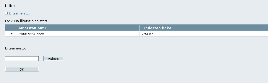 Yhden liitteen enimmäiskoko on 5Mb. Liitetiedoston aineistomuotoa ei ole rajattu eikä sitä kuinka monta liitettä lisää yhteen laskuun. 2.6.