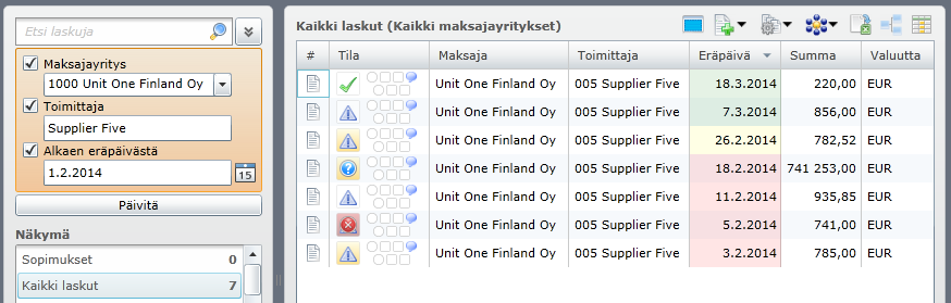 Laskuja voi etsiä monin eri tavoin ohjelman helppokäyttöisillä hakutoiminnoilla. Pelkällä merkkijonolla etsiminen on kätevää esimerkiksi silloin, jos tiedossa on tositenumero tai laskun numero.