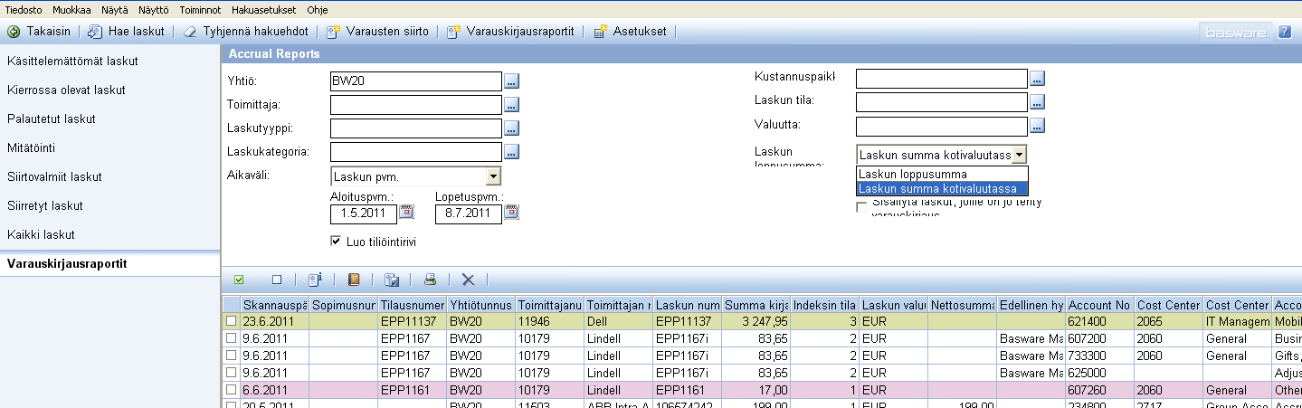 Siirtovelkojen raportointi Master -sovelluksessa Kun tilikausi vaihtuu, ostoreskontran tulee raportoida kaikki kyseiselle tilikaudelle kohdistuvat laskut, joita ei ole vielä hyväksytty.