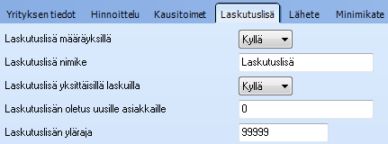 LASKUTUSLISÄN KÄYTTÖ YLEINEN KÄYTTÖ Laskutuksessa voidaan käyttää laskutuslisää, jonka käyttö ja summa voidaan määrätä asiakkaittain.