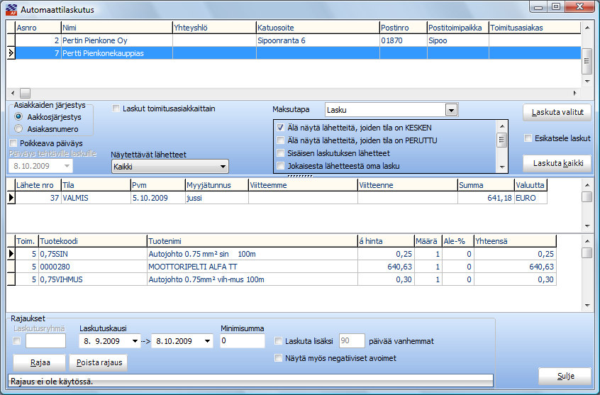 AUTOMAATTILASKUTUS YLEISTÄ Automaattilaskutus käynnistetään päävalikon Myynti- välilehden painikkeesta Automaattilaskutus. Toiminnolla voidaan tehdä nopeasti laskut lähetteistä.