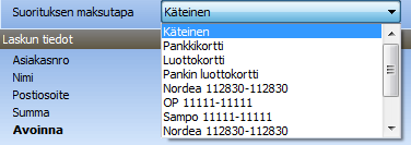 VASTATILIEN MÄÄRITTELY SUORITUKSEN MAKSUTAVOIKSI Suoritusta varten voidaan lisätä lisää maksutapoja normaalien pankkitilien, käteisen ja selvittelytilin ym. lisäksi. Nämä tilit ovat tällöin ns.