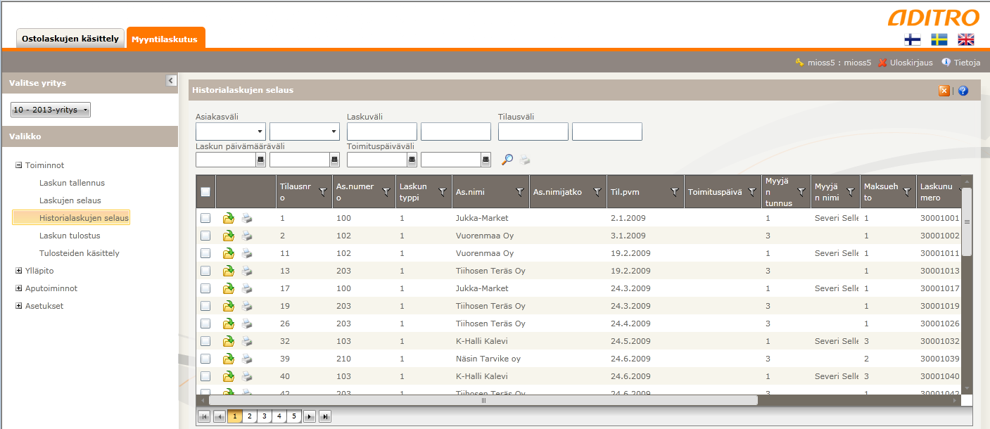 Toukokuu 2013 28 (79) Historialaskujen selausnäytön toiminnot Etsi Hakee historialaskut taulukkoon. Tulostus Valitun/valittujen historialaskujen tulostus. Avaa tulostusnäytön, kts. kappale 1.