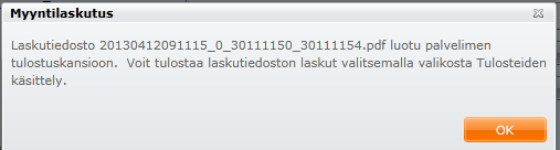 Toukokuu 2013 49 (79) Laskutiedosto jää määritellyksi ajaksi myös palvelimen työhakemistoon. Palvelimelle Laskut tallennetaan PDF -tiedostona pelkästään palvelimen työhakemistoon.