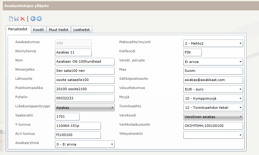 Toukokuu 2013 55 (79) 6.1.1. Perustiedot - välilehti Perustiedot-välilehdellä ylläpidetään seuraavia tietoja: Asiakastunnus Asiakasnumero, joka saa olla pituudeltaan enintään kahdeksan merkkiä.