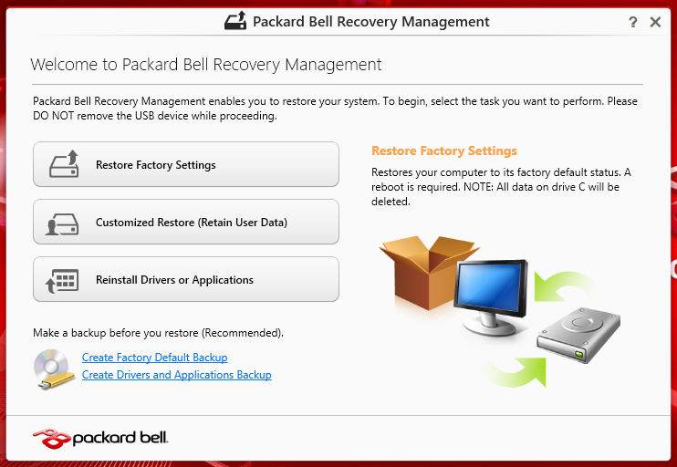 Mukautettu palauttaminen Packard Bell Recovery Managementilla 1.