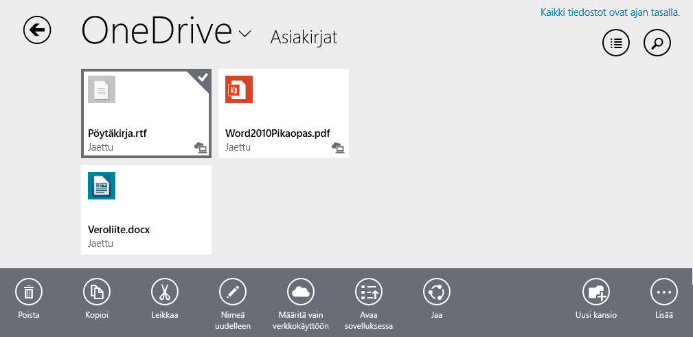 Windows 8.1 s. 10/60 Seuraavassa kuvassa näkyvät OneDrive-sovelluksen sovelluskomennot. Sovellusten asetukset Monien Modern-sovellusten asetuksia pystyy muuttamaan.