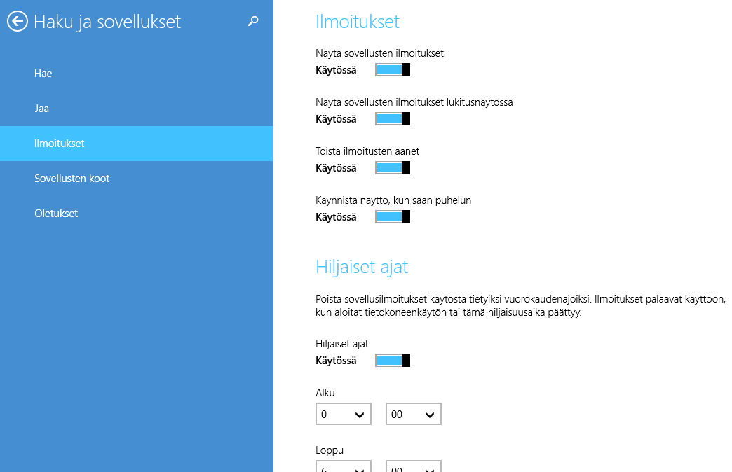Windows 8.1 s. 25/60 1. Avaa asetusvalikko näppäimillä Windows+I. 2. Napsauta Ilmoitukset-painiketta ja valitse valikosta, minkä aikamäärän verran ilmoituksia ei sallita. 3.