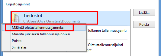 Windows 8.1 s. 33/60 Tiedostot-kirjaston asettaminen oletustallennussijainniksi OneDriven sijaan 1. Valitse Resurssienhallinnassa Tiedostot-kirjasto. 2.