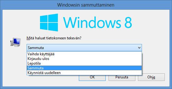 Windows 8.1 s. 46/60 kone käynnistyisi sammutetusta tilasta. Tätä sammutusvaihtoehtoa kannattaa käyttää silloin, kun työskentely päivällä keskeytetään joksikin aikaa.